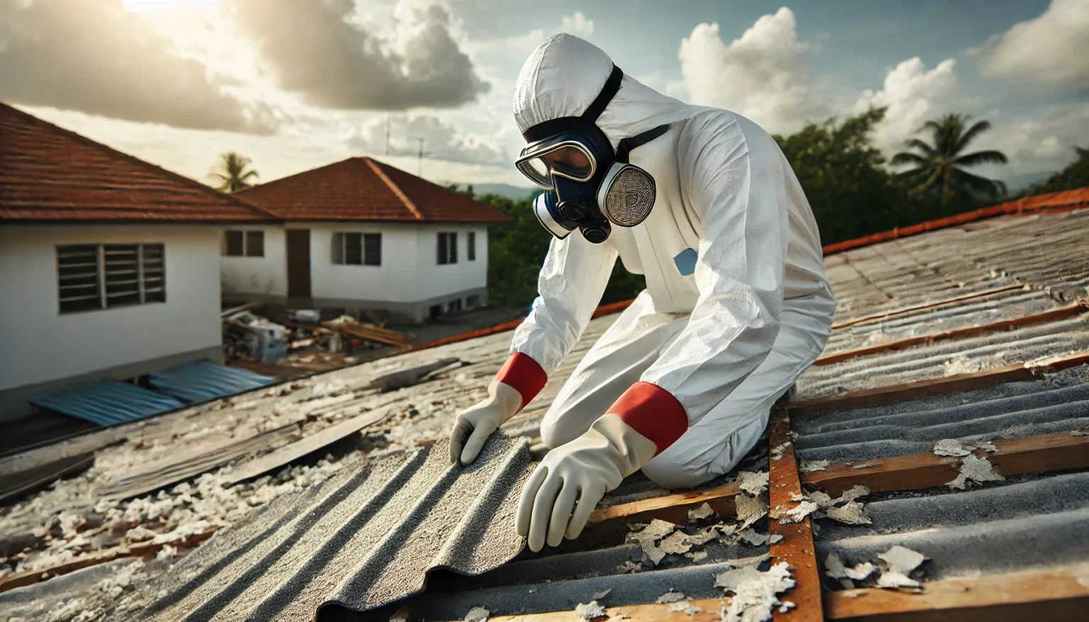 Håndværker som fjerner asbest tag