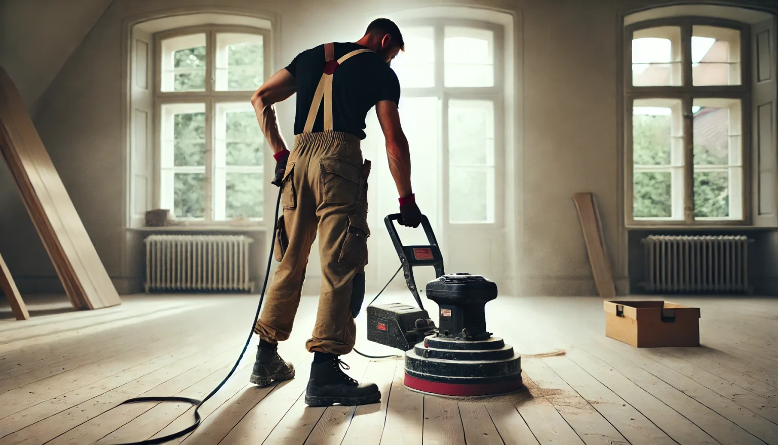 Håndværker der foretager slibning af gulv